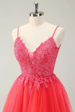 Bonito Hot Pink A Line Spaghetti Straps Short Homecoming Dress com Apliques