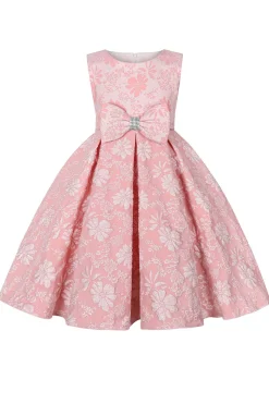 Bonito Pescoço Redondo Rosa Jacquard Vestido de Menina