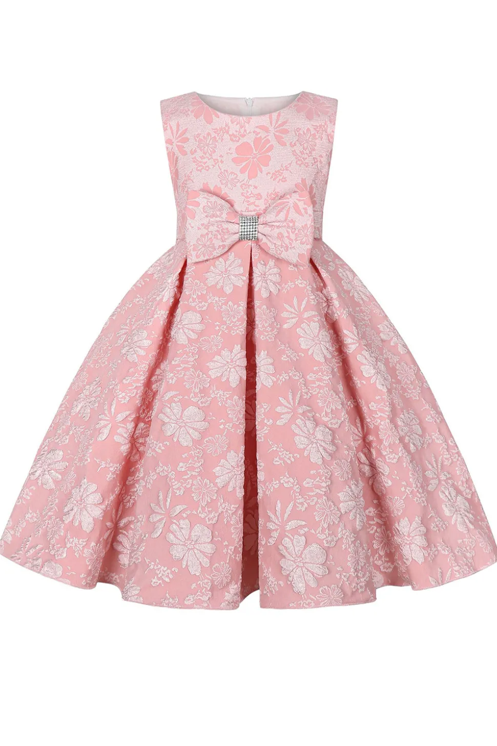 Bonito Pescoço Redondo Rosa Jacquard Vestido de Menina