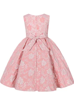 Bonito Pescoço Redondo Rosa Jacquard Vestido de Menina