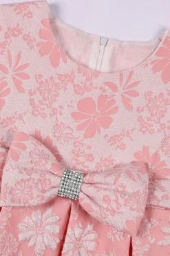 Bonito Pescoço Redondo Rosa Jacquard Vestido de Menina