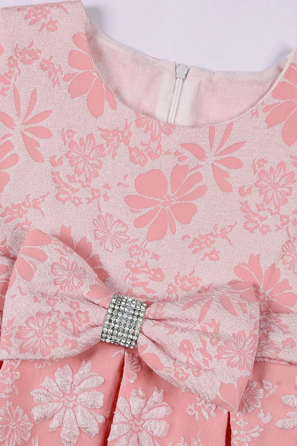 Bonito Pescoço Redondo Rosa Jacquard Vestido de Menina