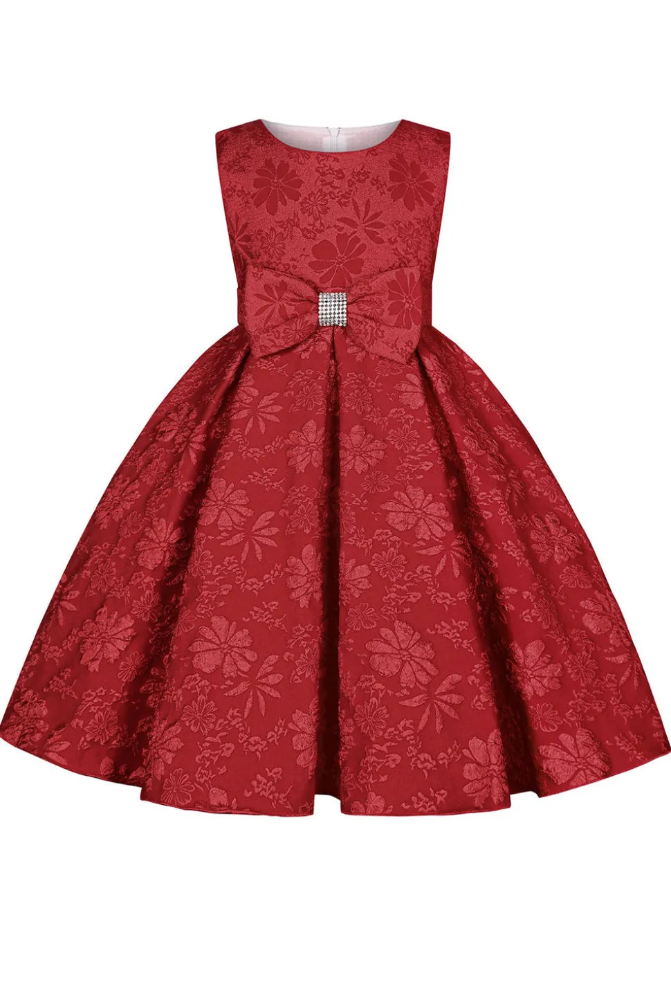 Bonito Pescoço Redondo Rosa Jacquard Vestido de Menina