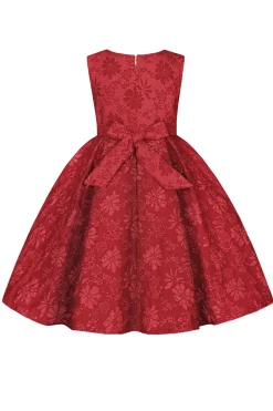 Bonito Pescoço Redondo Rosa Jacquard Vestido de Menina