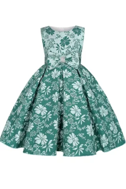 Bonito Pescoço Redondo Rosa Jacquard Vestido de Menina