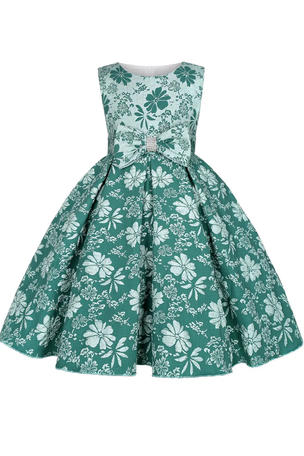 Bonito Pescoço Redondo Rosa Jacquard Vestido de Menina