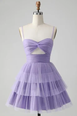 Bonito roxo A Line Espaghetti Correias Tulle Tiered Short Homecoming Dress