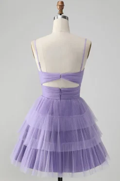 Bonito roxo A Line Espaghetti Correias Tulle Tiered Short Homecoming Dress