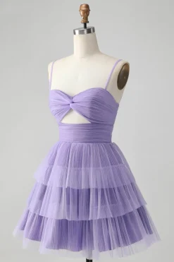 Bonito roxo A Line Espaghetti Correias Tulle Tiered Short Homecoming Dress