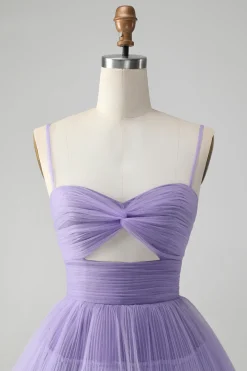 Bonito roxo A Line Espaghetti Correias Tulle Tiered Short Homecoming Dress