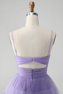 Bonito roxo A Line Espaghetti Correias Tulle Tiered Short Homecoming Dress