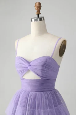 Bonito roxo A Line Espaghetti Correias Tulle Tiered Short Homecoming Dress