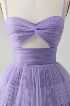Bonito roxo A Line Espaghetti Correias Tulle Tiered Short Homecoming Dress