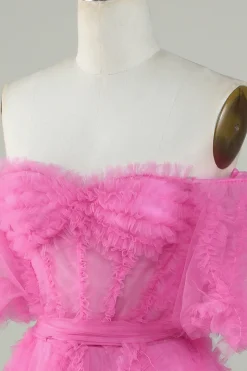Bonito uma linha fora do ombro rosa tule Homecoming Dress