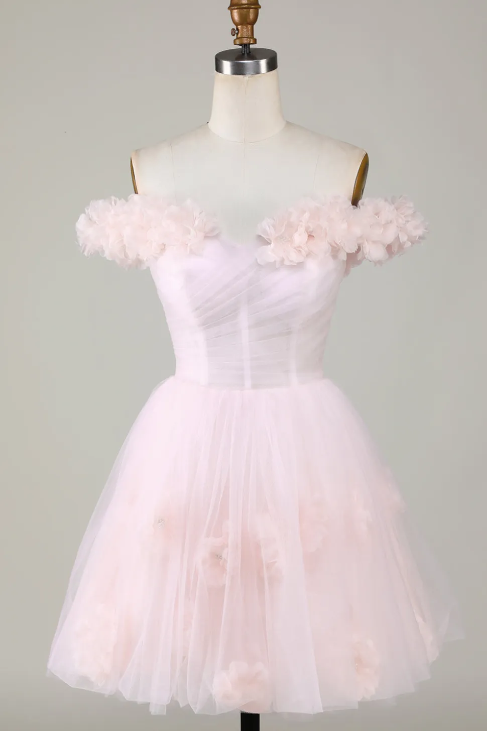 Bonito uma linha fora do ombro rosa curto homecoming vestido com flores
