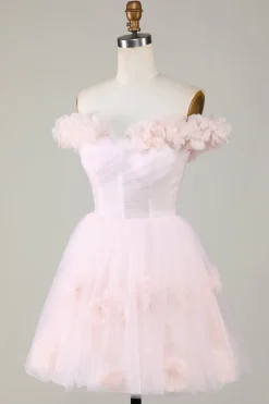 Bonito uma linha fora do ombro rosa curto homecoming vestido com flores