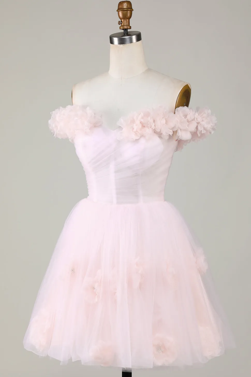 Bonito uma linha fora do ombro rosa curto homecoming vestido com flores