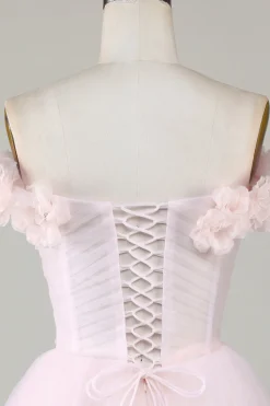 Bonito uma linha fora do ombro rosa curto homecoming vestido com flores