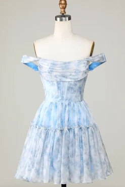 Bonito uma linha fora do ombro azul estampado vestido curto Homecoming com babados