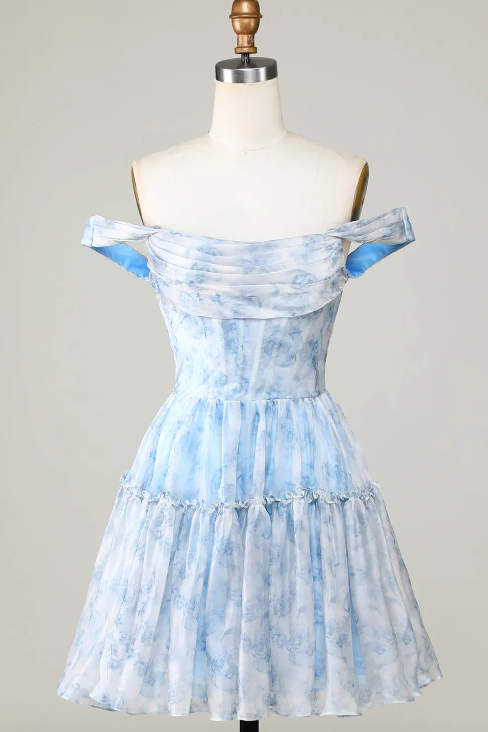 Bonito uma linha fora do ombro azul estampado vestido curto Homecoming com babados
