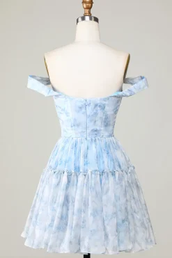 Bonito uma linha fora do ombro azul estampado vestido curto Homecoming com babados