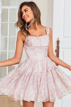 Bonito uma linha fora do ombro azul estampado vestido curto Homecoming com babados