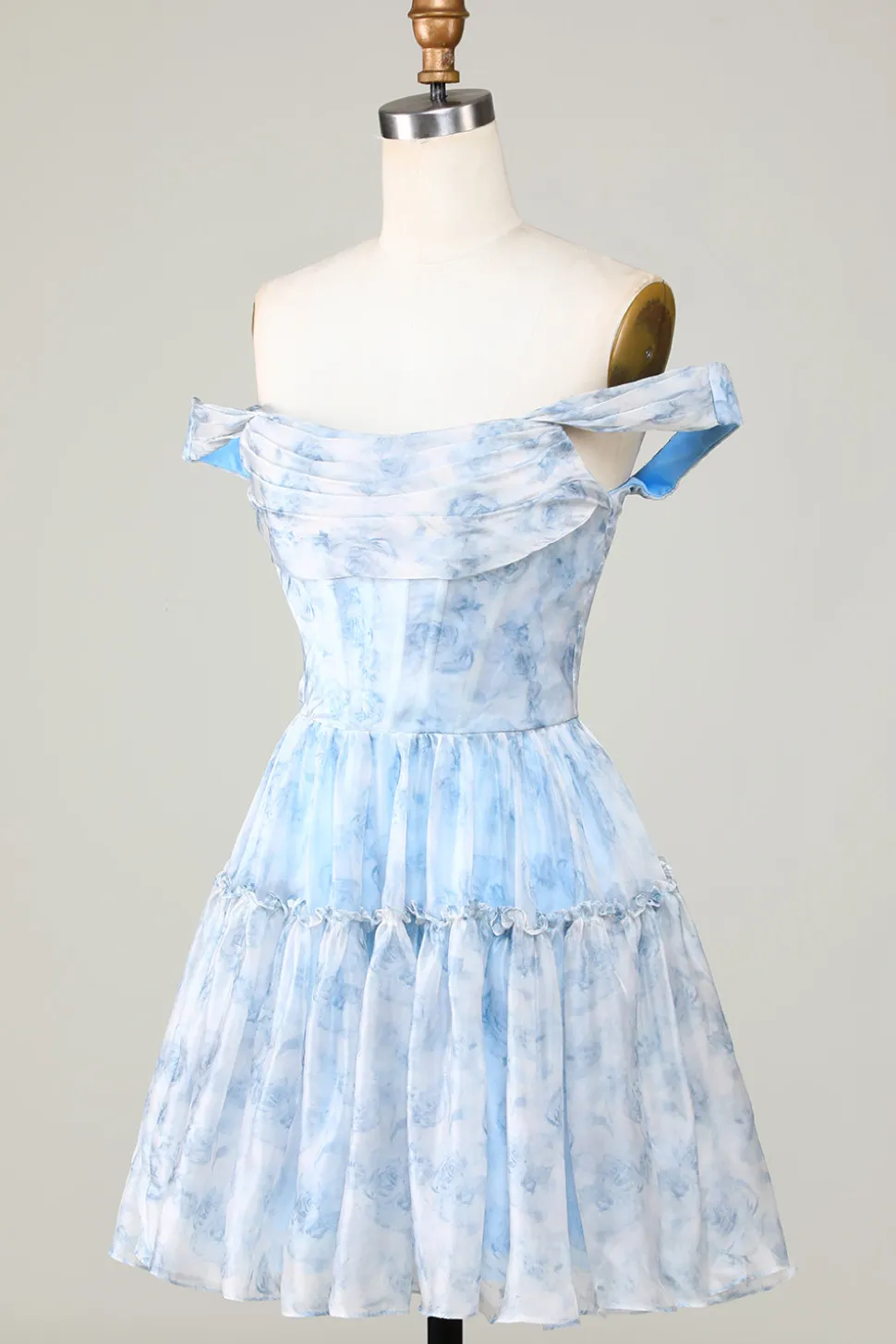 Bonito uma linha fora do ombro azul estampado vestido curto Homecoming com babados