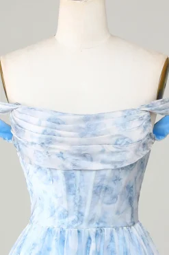 Bonito uma linha fora do ombro azul estampado vestido curto Homecoming com babados