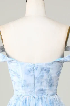 Bonito uma linha fora do ombro azul estampado vestido curto Homecoming com babados
