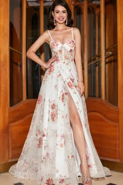 Bordado Ivory Flor Long Corset Prom Dress com Fenda