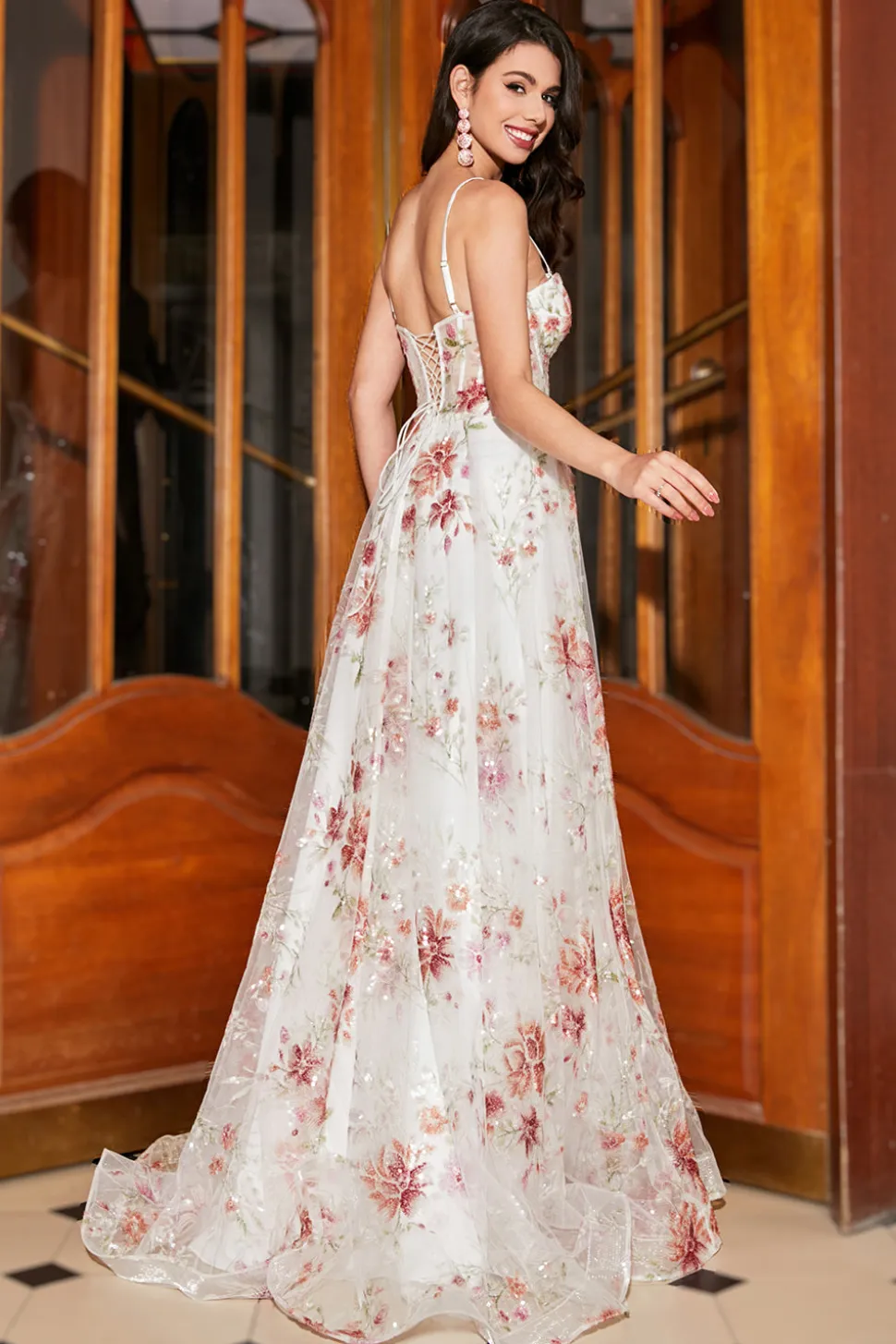 Bordado Ivory Flor Long Corset Prom Dress com Fenda