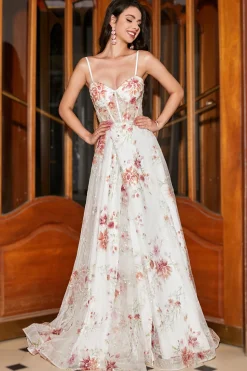 Bordado Ivory Flor Long Corset Prom Dress com Fenda