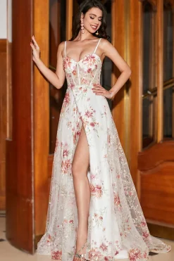 Bordado Ivory Flor Long Corset Prom Dress com Fenda
