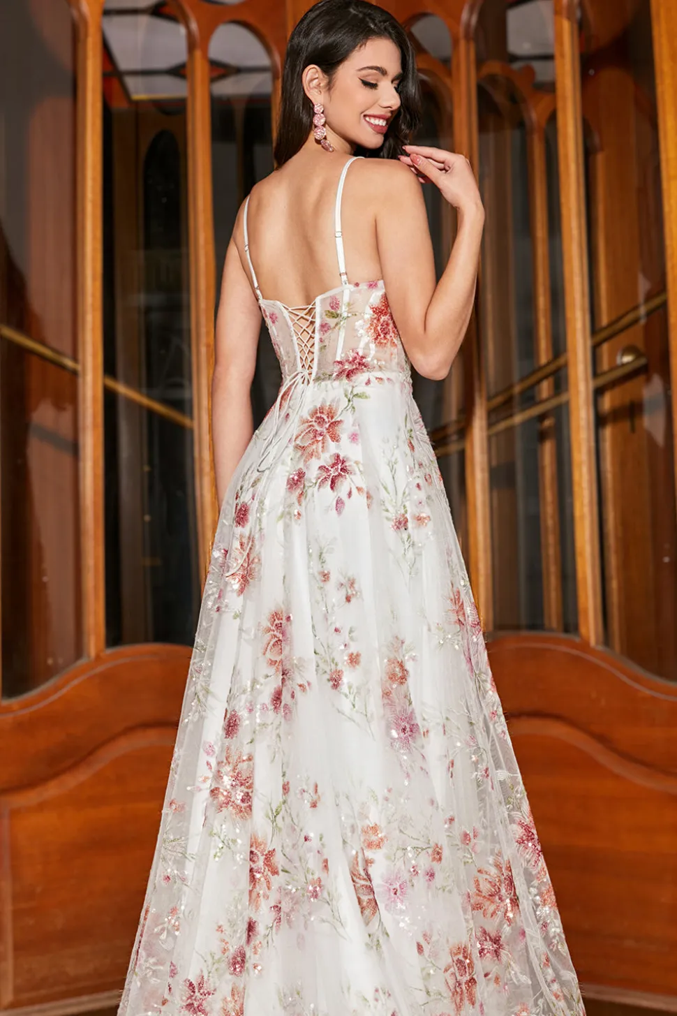 Bordado Ivory Flor Long Corset Prom Dress com Fenda