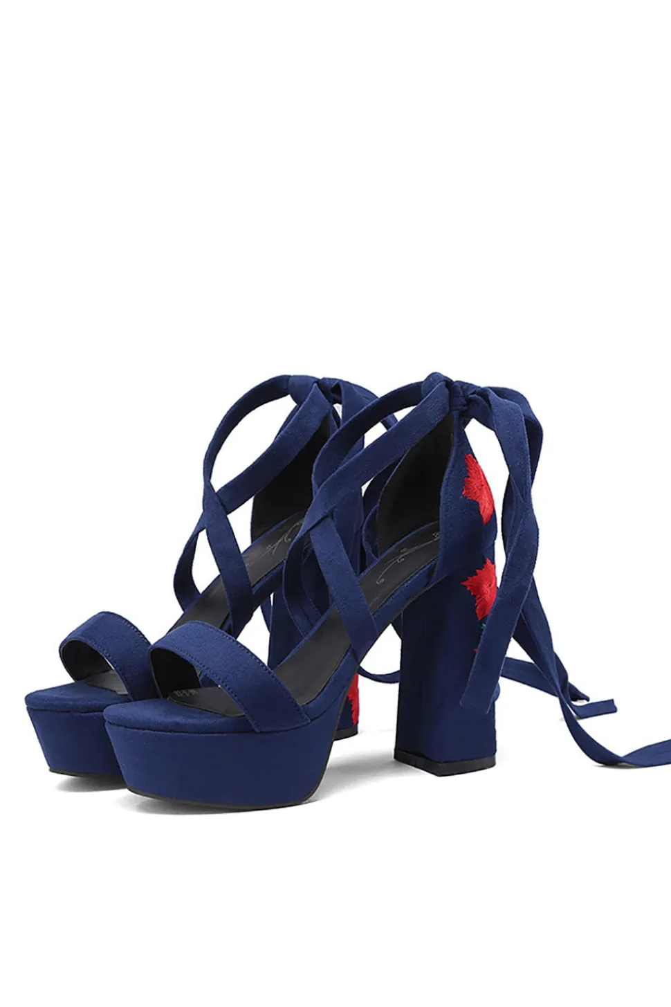 Bordado Preto Feminino Strappy Chunky Heel Open Toe Sandálias Shoes