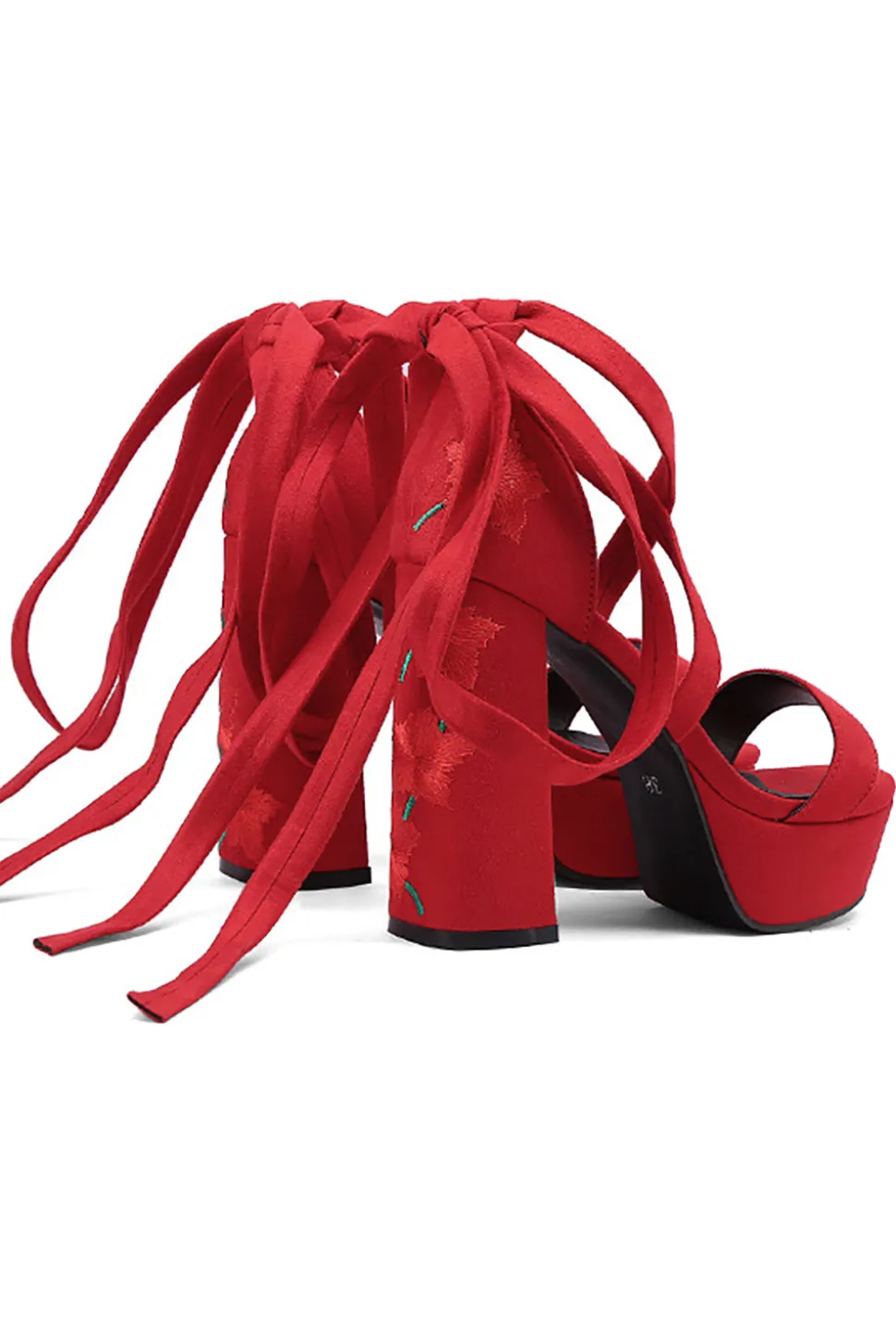 Bordado Preto Feminino Strappy Chunky Heel Open Toe Sandálias Shoes