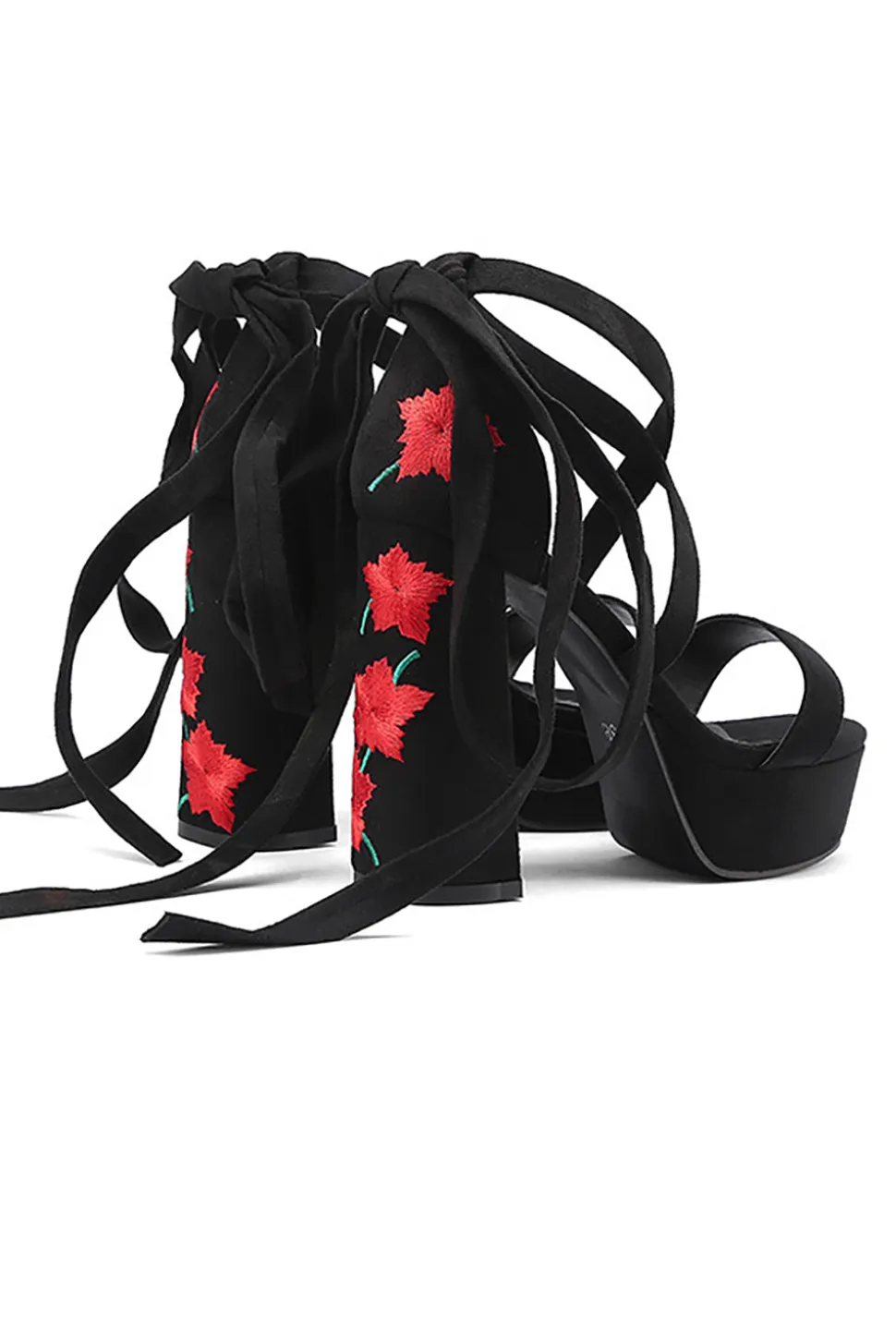 Bordado Preto Feminino Strappy Chunky Heel Open Toe Sandálias Shoes