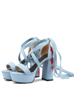 Bordado Preto Feminino Strappy Chunky Heel Open Toe Sandálias Shoes