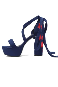 Bordado Preto Feminino Strappy Chunky Heel Open Toe Sandálias Shoes