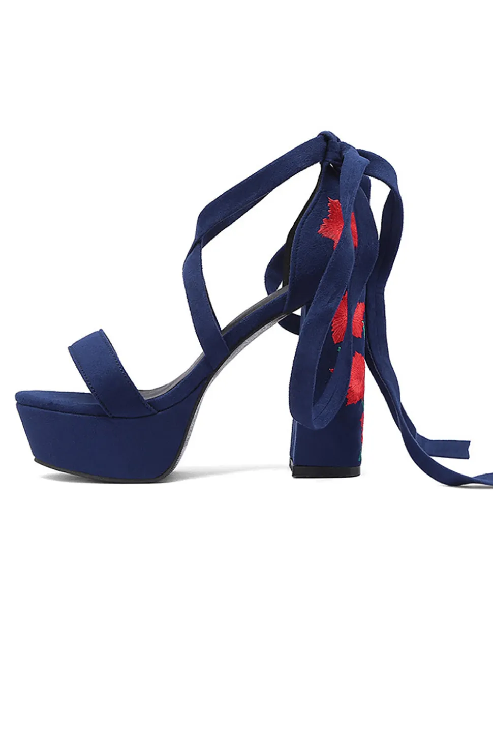 Bordado Preto Feminino Strappy Chunky Heel Open Toe Sandálias Shoes