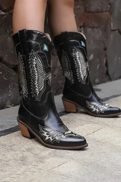 Bordado Preto Médio Calfo Salto Chunky Western Boots