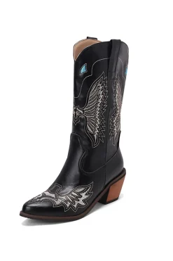 Bordado Preto Médio Calfo Salto Chunky Western Boots