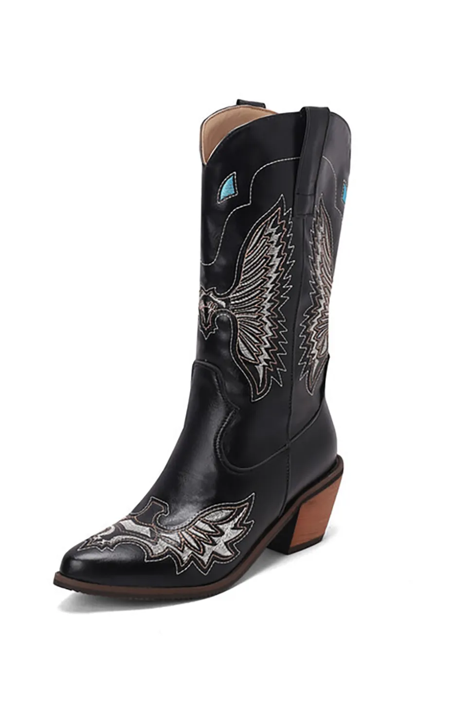 Bordado Preto Médio Calfo Salto Chunky Western Boots