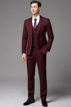 Borgonha 3 Piece Notched lapela Single Breasted Fato Homem