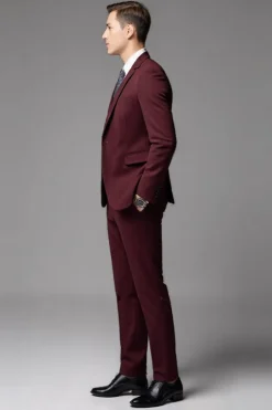 Borgonha 3 Piece Notched lapela Single Breasted Fato Homem