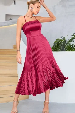 Borgonha A-Line Espaghetti Correias plissado Tea-Length Vestido de Noite