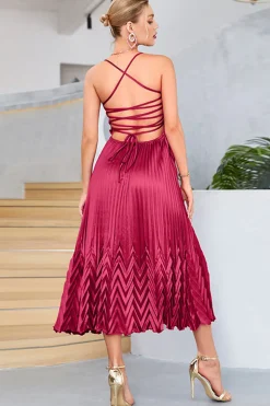 Borgonha A-Line Espaghetti Correias plissado Tea-Length Vestido de Noite