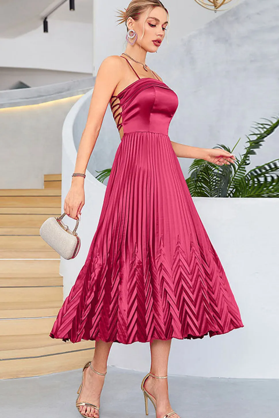 Borgonha A-Line Espaghetti Correias plissado Tea-Length Vestido de Noite