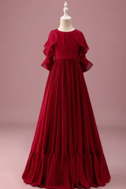 Borgonha A-Line Round Neck Chiffon Meia Mangas Longo Vestido de Dama de Honra Júnior