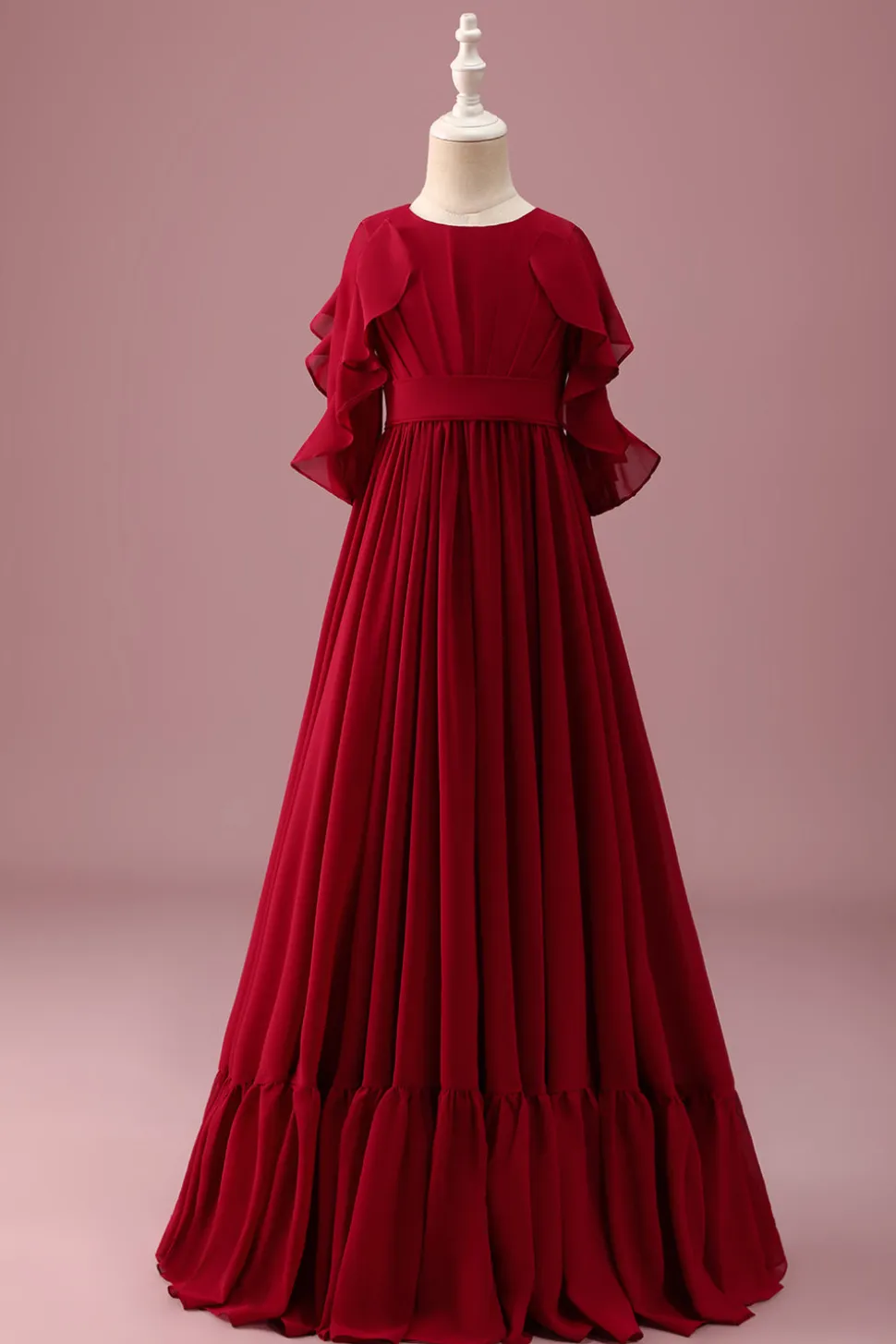 Borgonha A-Line Round Neck Chiffon Meia Mangas Longo Vestido de Dama de Honra Júnior